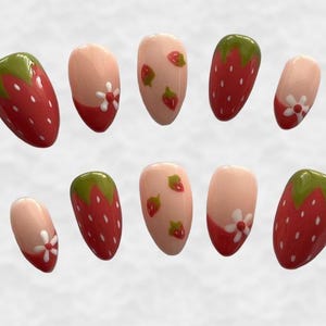 Strawberry Press On Nails, Cute Red Pink Fruit Gel Tips, Kawaii Summer Nail Art Set, Handmade Cottagecore Short Nails, Trendy Nails