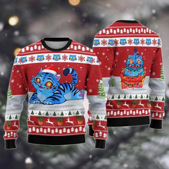 Romose Women's Cartoon Cat Christmas Sweatshirt - Long Sleeve Pullover, Loose Fit (Blue, XXL)