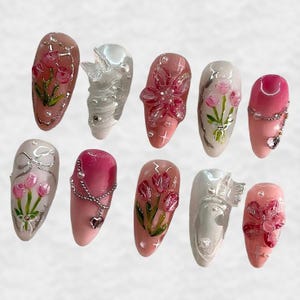 3D Pink Floral Press On Nails, Butterfly Chain Fake Nails, Handmade Tulip Nail Art, Elegant Pink Nails Set, Cute Reusable Nails