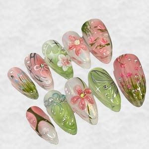 3D Floral Press On Nails, Pink Green Flower Fake Nails, Handmade Spring Nail Art, Elegant Garden Nails Set, Reusable Cute Nails