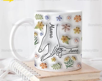 You Hold Our Hands Mug, Personalized Mom Mug, Mother And Kids Hand In Hand Mug, Garden Mom Mug, Mom Floral Mug, Mother's Day Mug, Coffee Cup