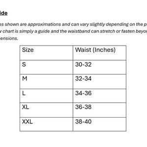 May include: A size guide chart with the title "Size Guide" and a note about approximations. The chart lists sizes S, M, L, XL, and XXL with corresponding waist measurements in inches: 30-32, 32-34, 34-36, 36-38, and 38-40.