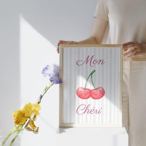 Mon Chéri Cherry Art Print | French Quote Wall Art | Instant Digital Download | Cute Kitchen Decor | Cherry Illustration Printable