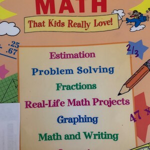 May include: A book cover with a yellow and orange background. The title is "Instant Activities for Math That Kids Really Love!" and the cover features a cartoon airplane with a child in the cockpit. The book is for grades 3-6 and includes topics such as estimation, problem solving, fractions, real-life math projects, graphing, math and writing, geometry, and skills mini-lessons.