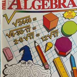 May include: A colorful textbook cover for a 7th-9th grade Algebra course. The cover features a cartoon wizard with a long beard and a blue hat. The text "ALGEBRA" is in large red letters. The book is aligned with national standards.