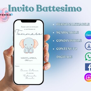 Invito Battesimo Bambino Digitale CANVA Elegante Giocoso Blu Azzurro Divertente Elefante Personalizzabile Sofisticato Semplice