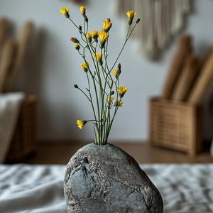 May include: A grey stone vase with a natural, textured surface, holding a small arrangement of yellow wildflowers. The vase has an organic shape. The flowers have green stems and bright yellow petals, adding a vibrant contrast to the stone.