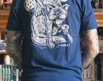 Chad Eaton- TIMBER!- "LONE WOLF" on midnight blue t-shirt