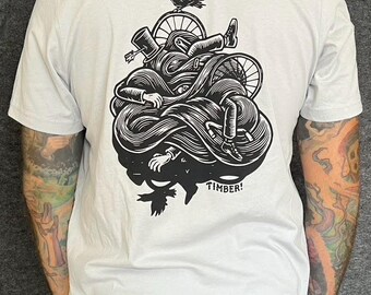 Chad Eaton- TIMBER!- "RIDE & FALL" on on light gray t-shirt