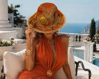 Hand-Painted Orange Wide Brim Hat | Boho Tribal Resort Style (Women's Fashion)