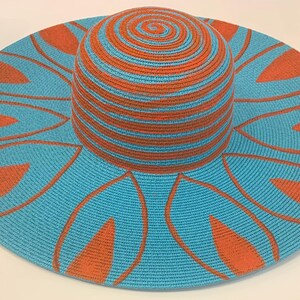 Exclusive hand painted torquoise and orange floppy hat