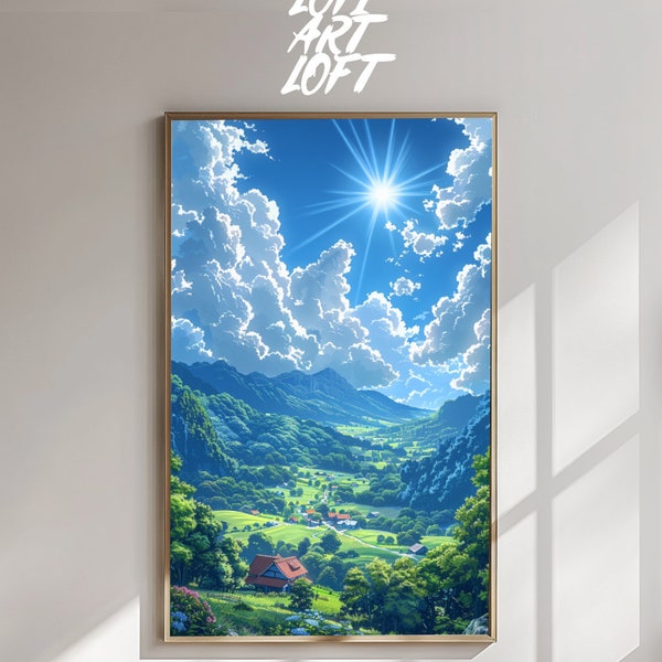 Sunny Valley Anime Lofi Art Digital Print Wall Art Studio Ghibli Anime Art Printable Pastel Colors Lofi Digital Download Wallpaper | #WA13