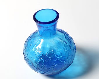 Vintage Small Blue Pressed Glass Vase with Flowers Pattern / Mid-century Home Decor / Italy / 1960s