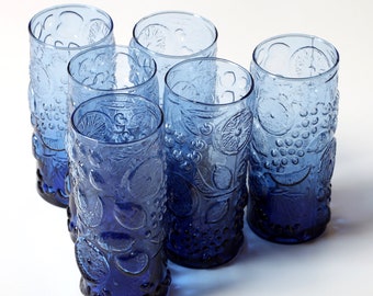 Set Of Six Vintage Blue Fruit Embossed Design Tumblers. / 6 glasses / Neiman Marcus/ 1970s