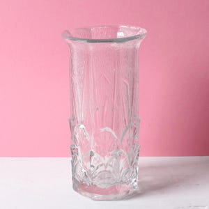Mid-century Solid Heavy Clear Leaf Pattern Textured Glass Vase, Vintage Flower Vase / Fidenza / Italy / 1970s