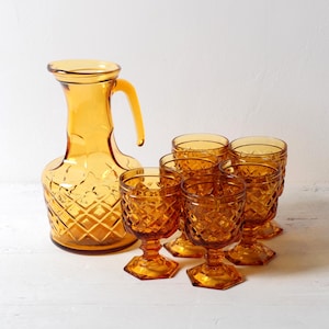 Rare Vintage Designer Italian Amber Glass Carafe and Six Stem Glasses / Mid-century Jug and 6 Goblets Set / Bormioli / Parma / Italy / 1970s