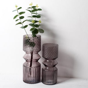 Set of Two Smoky Purple Vintage Stylish Glass Vases / Mid-century Pressed Glass Vases / Italy / 1990s