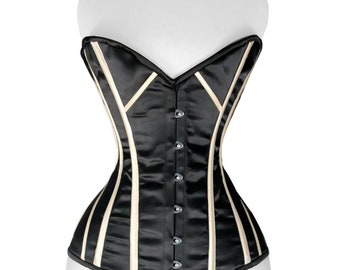 Full Bust Corset Black Satin White Stripes OverBust corset Ladies Fashion Corsets