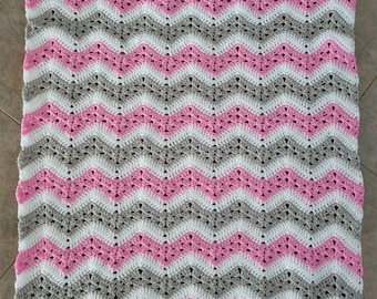 Crib Chevron 6DK Crocheted Three Color Baby Blanket (You Choose the Main Color)  34 x 38