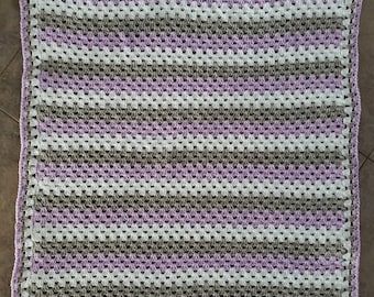 Crib Granny Stripe Crocheted Three Color Baby Blanket (You Choose the Main Color)  35 x 40