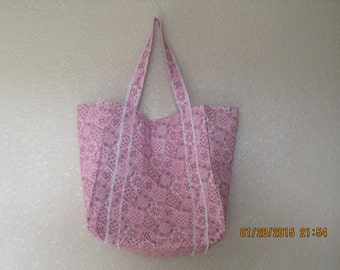 Double Extra Large Durable 15.5" Grocery Shopper Reversible Market Tote Bag LIGHT PINK Bandana  CLEARANCE