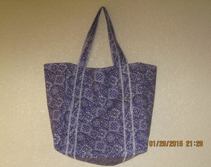 Double Extra Large Durable 15.5" Grocery Shopper Reversible Market Tote Bag PURPLE Bandana  CLEARANCE