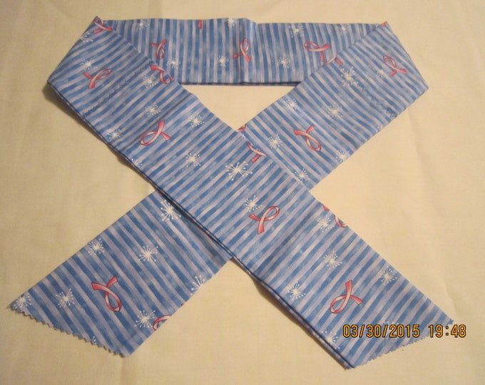 Extra Wide 3" Reusable Non-Toxic Cool Wrap / Neck Cooler  - Breast Cancer Awareness - Pink Ribbons on Blue Stripes