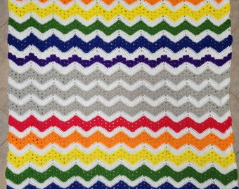 Chevron (6DK) Bright Rainbow Toddler / Lap Crocheted Multi Color Blanket 46" x 49"