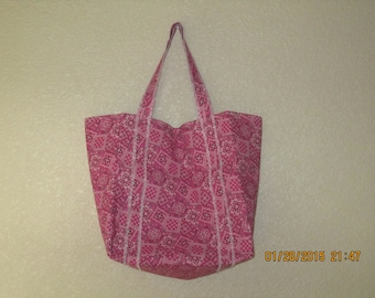 Double Extra Large Durable 15.5" Grocery Shopper Reversible Market Tote Bag MEDIUM PINK Bandana  CLEARANCE