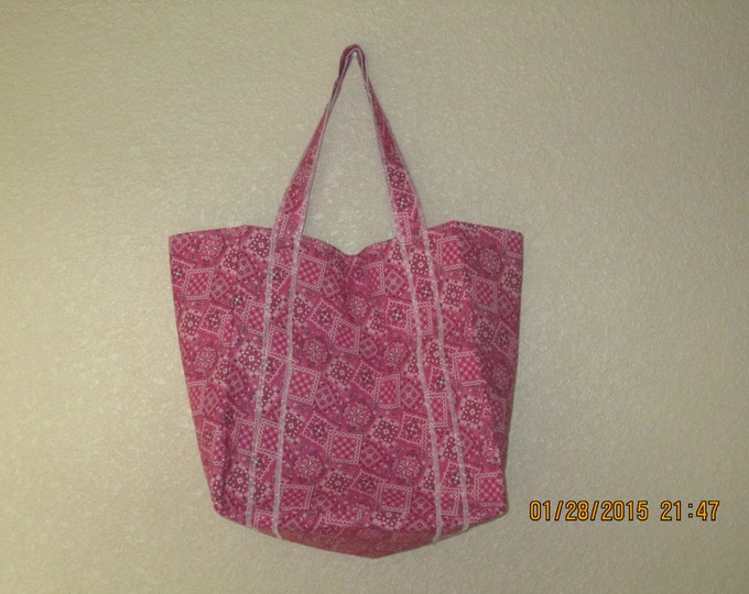 Double Extra Large Durable 15.5" Grocery Shopper Reversible Market Tote Bag MEDIUM PINK Bandana  CLEARANCE