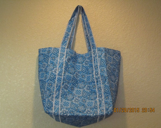 Double Extra Large Durable 15.5" Grocery Shopper Reversible Market Tote Bag ROYAL BLUE Bandana  CLEARANCE