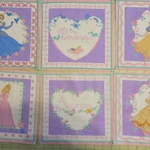 Cinderella Belle Aurora Snow white mini panels.  Cotton fabric 8x8". Disney princess