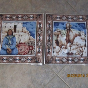 May include: Two decorative throw pillows with a southwestern theme. One pillow features a Native American woman in traditional clothing sitting in front of a pueblo-style building. The other pillow features a group of horses in a desert landscape. Both pillows have a brown and beige background with a geometric pattern border.