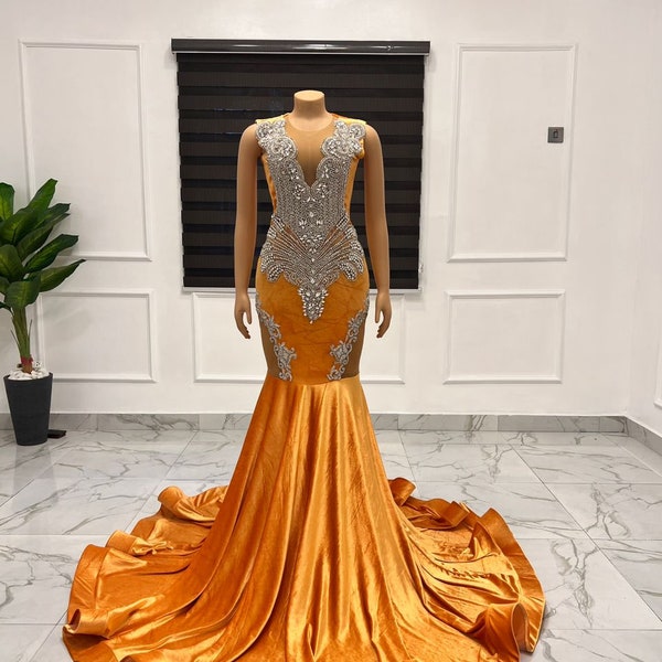 Orange velvet mermaid prom dress with lap cuts wedding dress mermaid prom dress formal gown evening dress fairy prom dress engagement dress