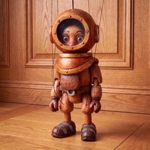 Op de afbeelding: Een houten marionet ontworpen als een diepzeeduiker met een ronde helm en een cirkelvormig kijkvenster. De figuur heeft een uitgesneden textuur, bruine tinten en beweegbare ledematen die worden bestuurd door dunne zwarte draden.