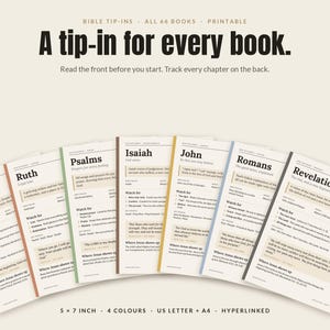 May include: A set of printable Bible tip-ins for 66 books, featuring text headers like Genesis, Ruth, Psalms, Isaiah, John, Romans, and Revelation. The cards include sections for reading, tracking chapters, and key verses in a clean layout.