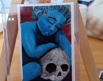 Blue Cherub Momento Mori Acrylic Mini Painting. Perfect for dollhouses and mini paintings collectors!