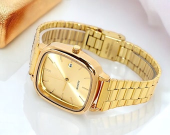 Minimalistic Women's Gold Watch Handmade Square Face Statement Silver Wristwatch Luxurious Watch Gift For Her