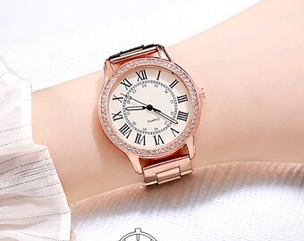 Womens Rose Gold luxe horloge handgemaakte ronde gezicht horloge verklaring zilveren horloges voor vrouwen cadeau voor haar