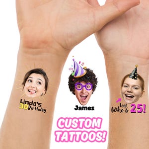 Benutzerdefinierte Gesicht Tattoos, Geburtstag Tattoos, personalisierte temporäre Tattoos, Party Favor, Tattoo Geschenk, Meilenstein Geburtstag, Weihnachten Halloween Tattoos