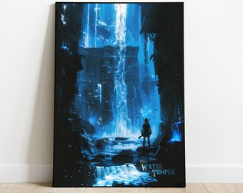 Puede incluir: Una impresión digital de arte digital azul y negro de un personaje de videojuego de pie frente a una gran cascada en un templo. El texto "The Water Temple" está en la parte inferior de la impresión.