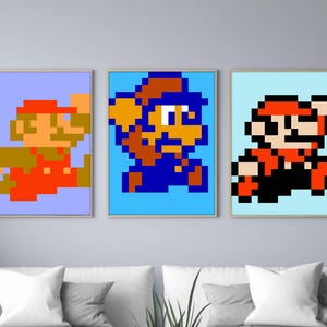 Set of 3 Mario Pixel Art Posters | Mario Bros Poster | Super Mario Poster | Retro Pixel Poster | Game Room Decor
