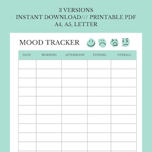 Puede incluir: Seguimiento de estado de ánimo imprimible con una tabla para rastrear tu estado de ánimo durante el día. La tabla tiene columnas para la fecha, la mañana, la tarde, la noche y el estado de ánimo general. El estado de ánimo se califica usando cuatro emojis: feliz, ligeramente triste, triste y enojado.