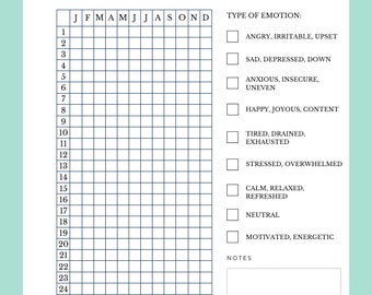 Mood Tracker Journal de l'humeur imprimable annuel Suivi des émotions, graphique de l'humeur, planificateur de bien-être A4/A5/Letter/Half, téléchargement immédiat