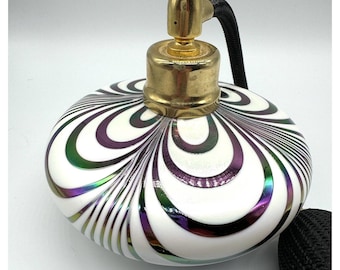 Pulled Feather Iridescent Perfume Bottle With Atomizer White Glass Round