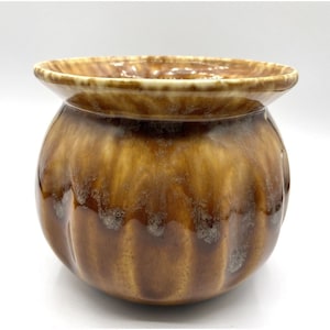 MCM Gold Drip Glaze Ceramic Planter Flared Rim Striped Gold Rust Round