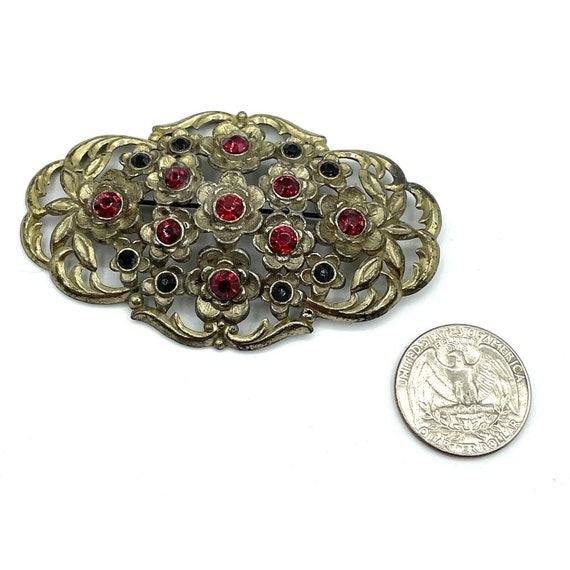 Vintage Large Oval Brass Floral Brooch Red And Bl… - image 7