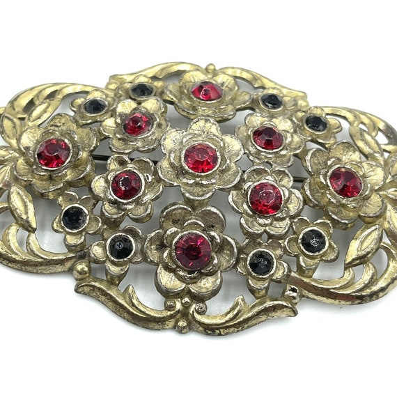 Vintage Large Oval Brass Floral Brooch Red And Bl… - image 5