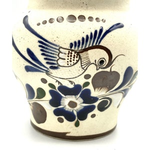 Tonala  Sandstone Hand Painted Pitcher Bird Flowers 4 3/4” Leaves Signed R.S.
