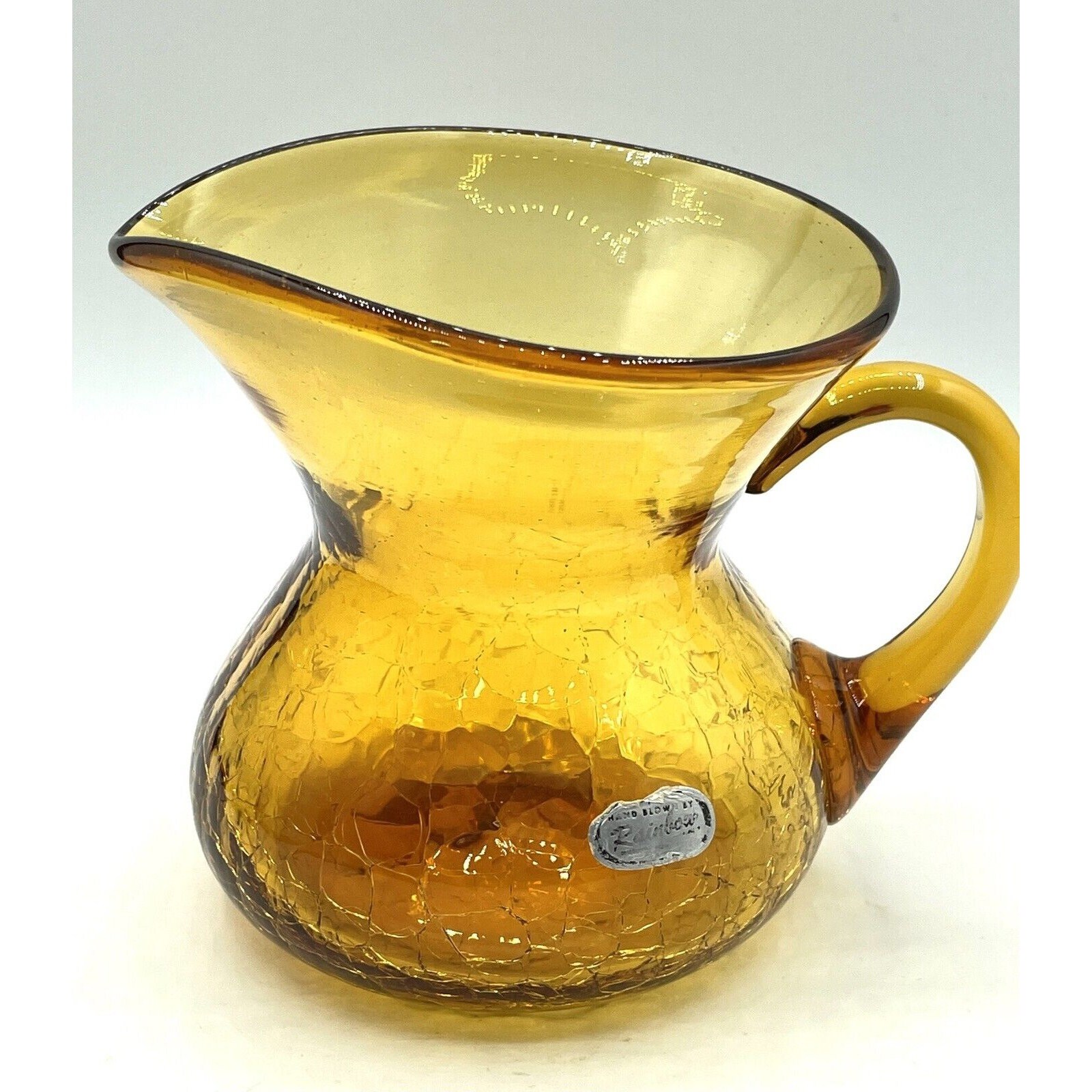 Rainbow Glass Hand Blown Amber Crackle Pitcher,4 1/4" Tall With Sticker MCM